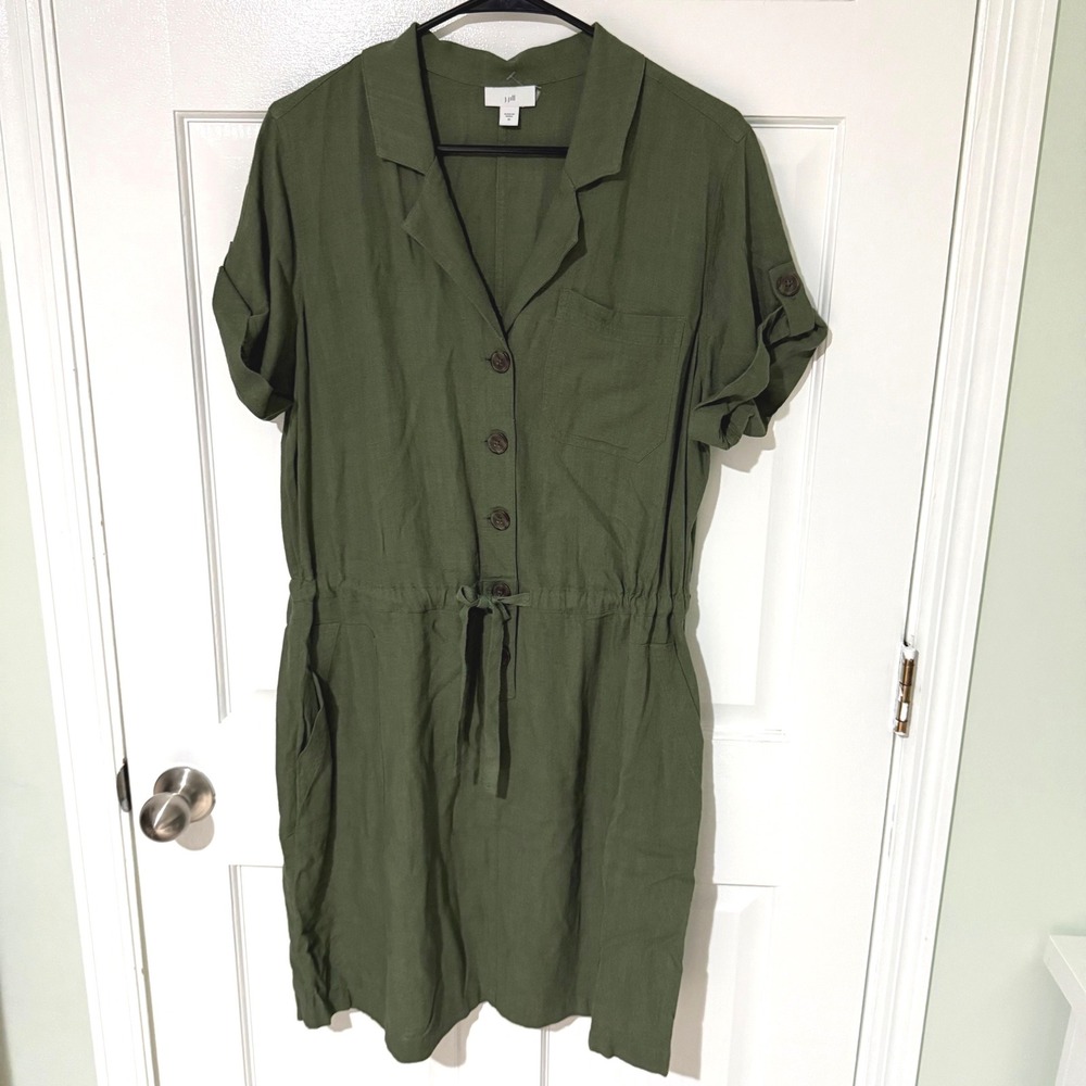 J.Jill Olive Green Linen Blend Button Front Utility Shirt Dress Medium